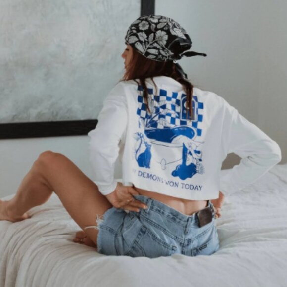 Octopied Mind My Demons Won Today Cropped White long sleeve with Blue Embroidery - Picture 2 of 5